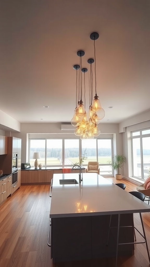 A cluster of pendant lights hanging above a modern kitchen island, highlighting the bright and airy interior.