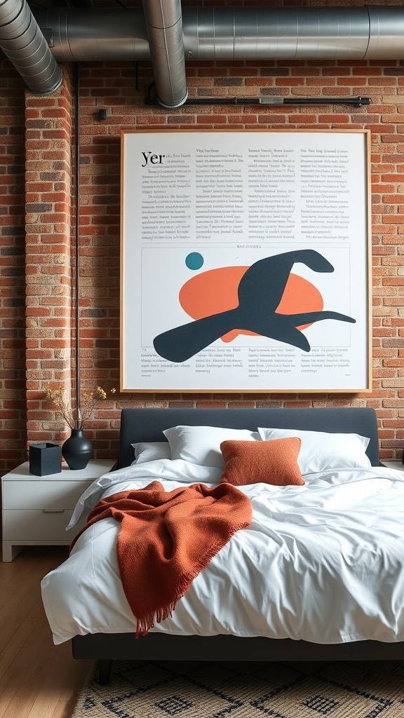 A modern industrial bedroom featuring a large abstract art piece above the bed, with exposed brick walls and a cozy layout.