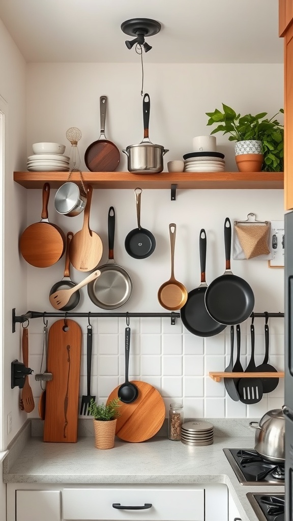 A stylish small kitchen with pots and pans hanging on a wall, along with neatly arranged plates and a touch of greenery.