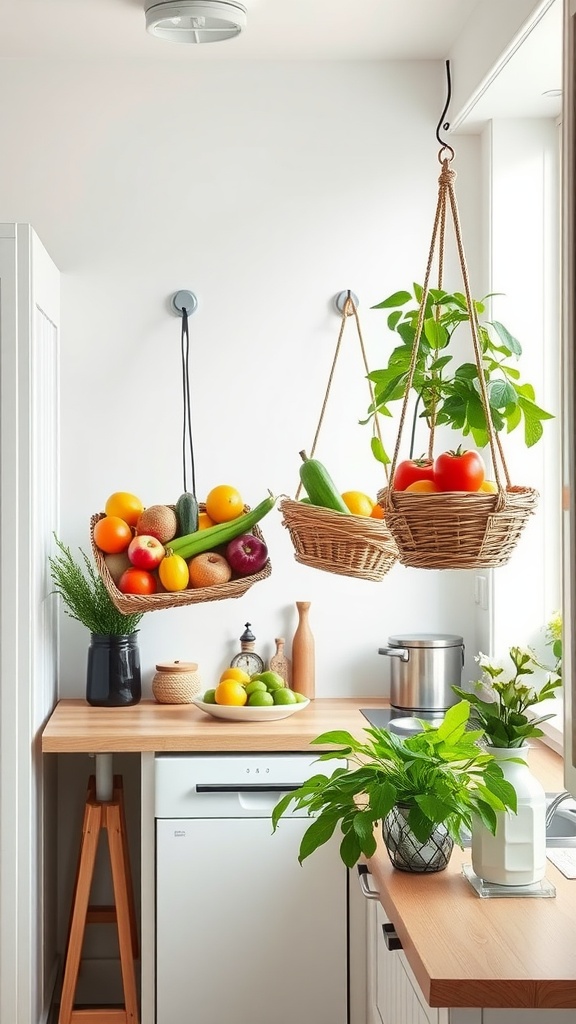 A small kitchen with hanging baskets filled with fruits and vegetables, showcasing a clever storage solution.
