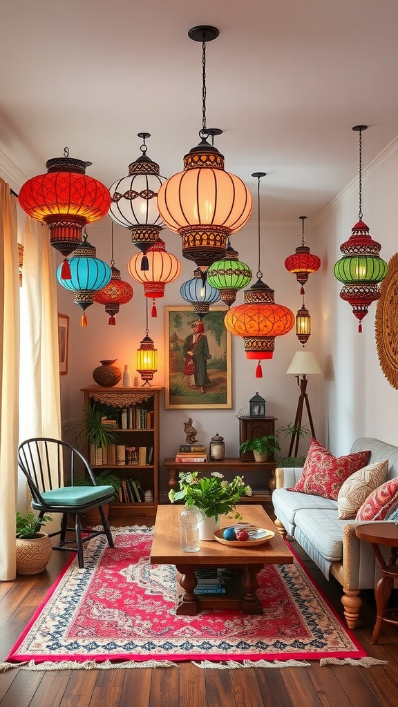 Colorful hanging lanterns in a cozy living room with a bohemian style
