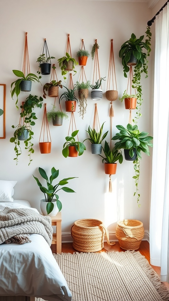 A cozy bedroom with a wall of hanging plants, featuring macramé holders and warm bedding.