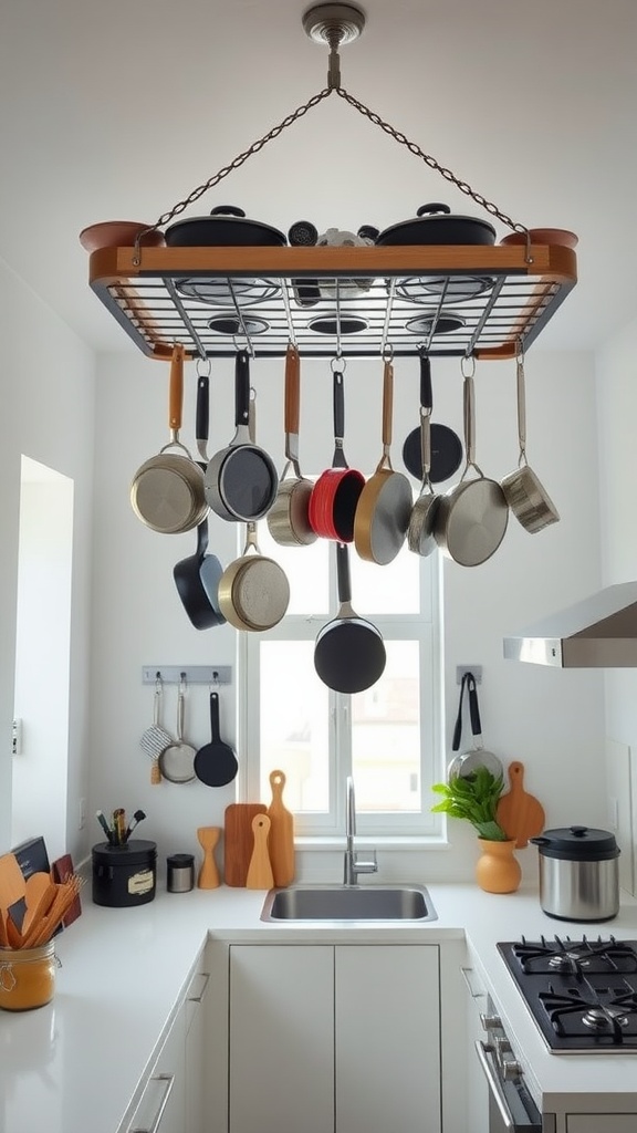 A modern kitchen with a hanging pot rack displaying various pots and pans, maximizing space.