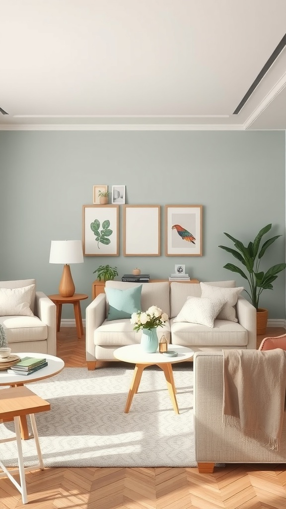 A cozy living room with light-colored furniture and soft green walls, featuring decorative plants and artwork.