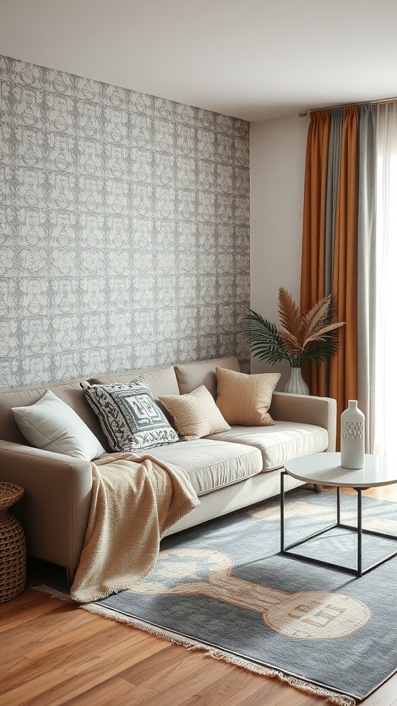 A cozy living room featuring neutral tones, textured wallpaper, and a mix of pillows and throws.