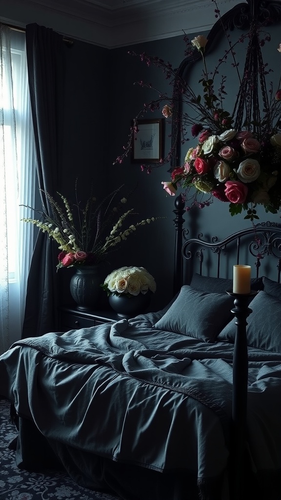 A beautifully arranged goth bedroom with floral decorations, featuring dark walls and elegant bedding.