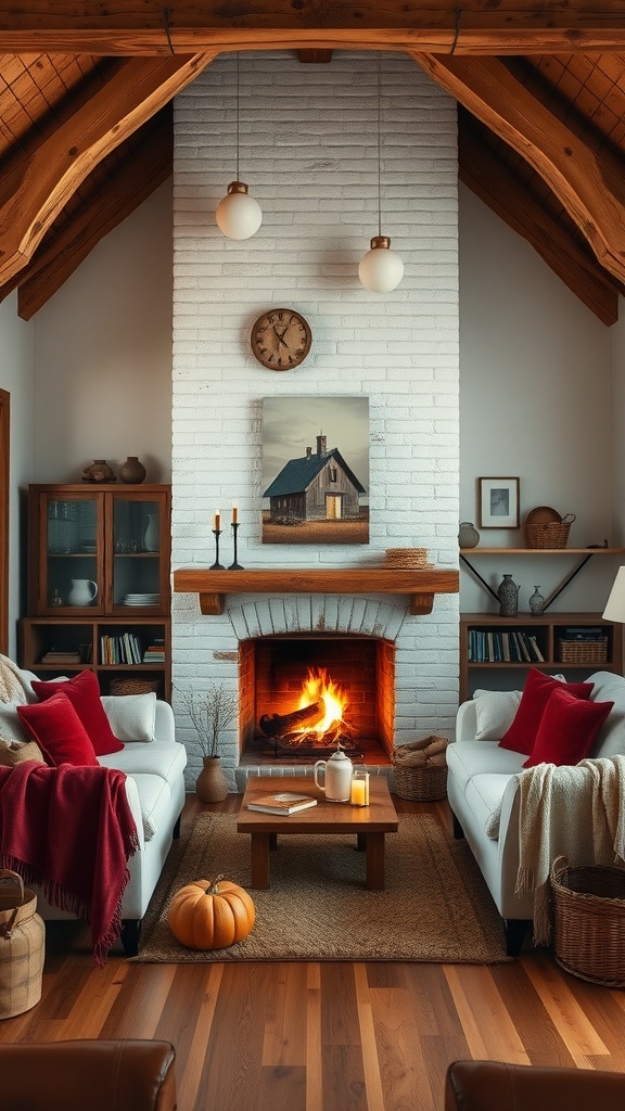 Cozy rustic farmhouse living room featuring a white brick fireplace, wooden beams, and comfortable sofas with red accents.