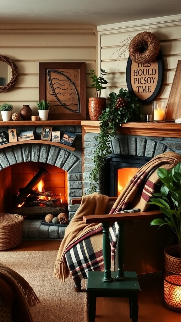 Cozy interior with two fireplaces, plaid throw on a chair, and rustic decor.