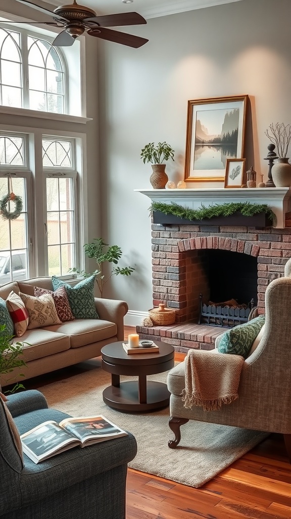 Cozy country farmhouse living room with a brick fireplace, comfortable seating, and natural decor.