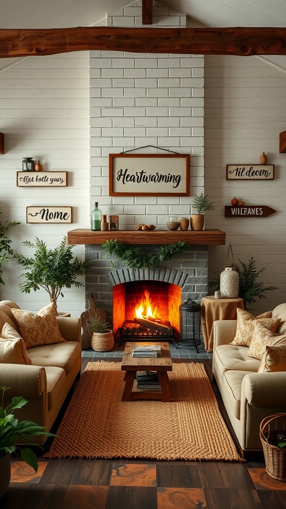 A cozy rustic farmhouse living room featuring a fireplace, comfortable seating, and heartwarming signs on the wall.