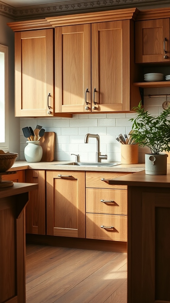 A kitchen with wooden cabinets finished with hemp oil, showcasing natural wood grain and a warm glow.