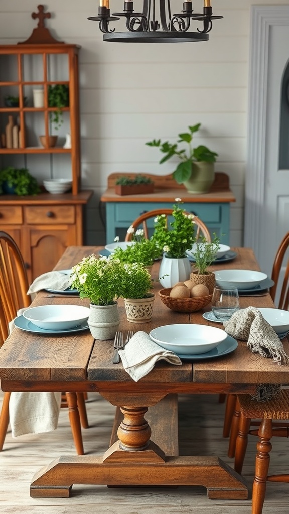 A cozy dining room table with herb pots and simple tableware.