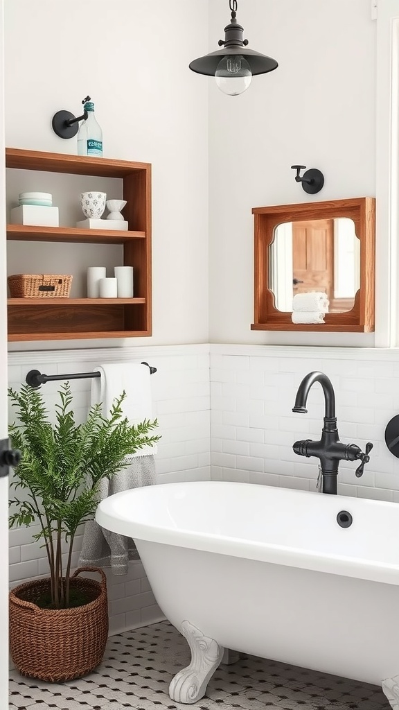 A cozy farmhouse bathroom featuring a clawfoot tub, black heritage fixtures, wooden shelves, and a potted fern.