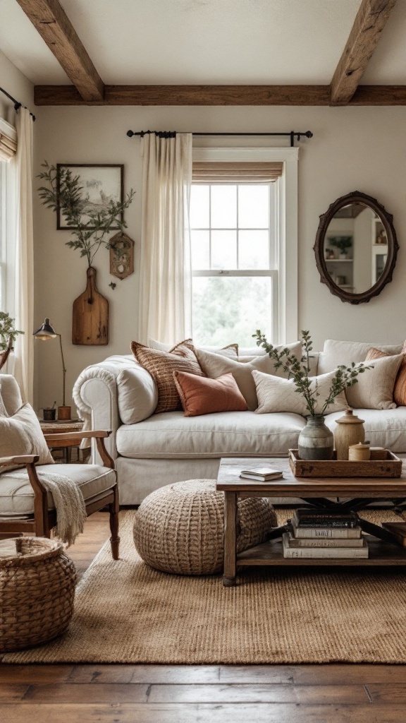 A cozy rustic farmhouse living room featuring orange furniture, wooden flooring, and decorative accents.