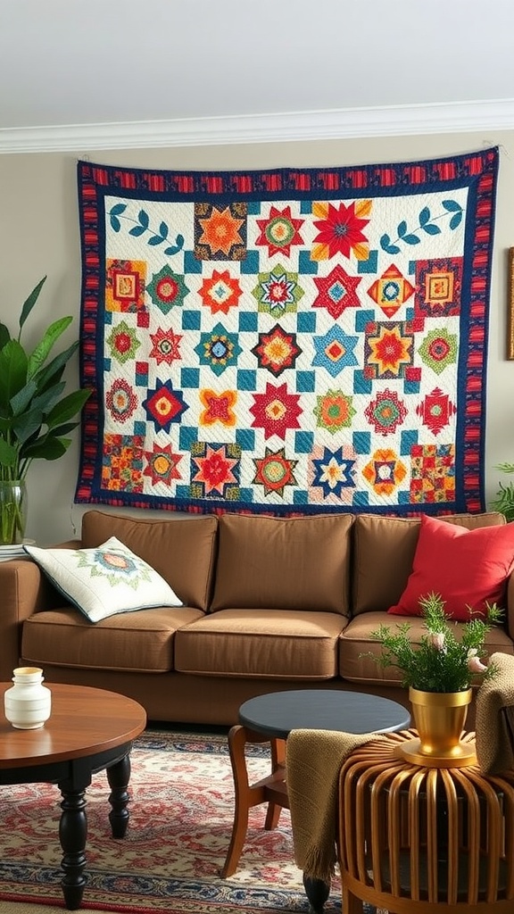 A vibrant heritage quilt displayed on the wall above a cozy brown sofa in a country farmhouse living room.