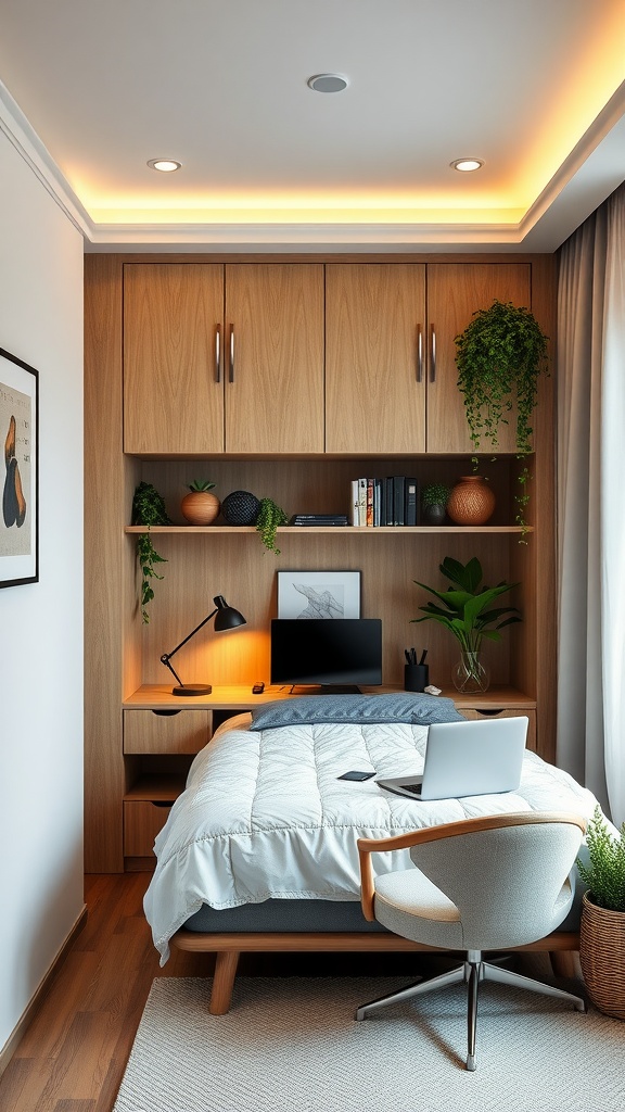 A cozy home office with a hidden bed, featuring warm wood accents and plants.