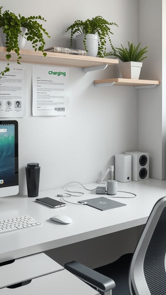 A modern workspace with hidden charging stations, plants, and a clean desk.
