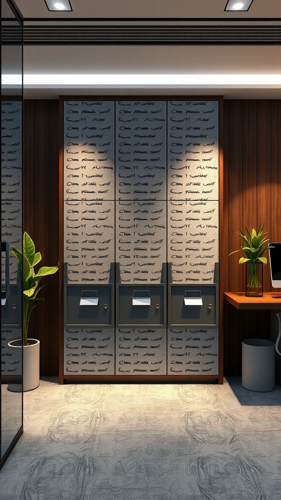 Image of hidden file cabinets behind decorative panels in an office space.