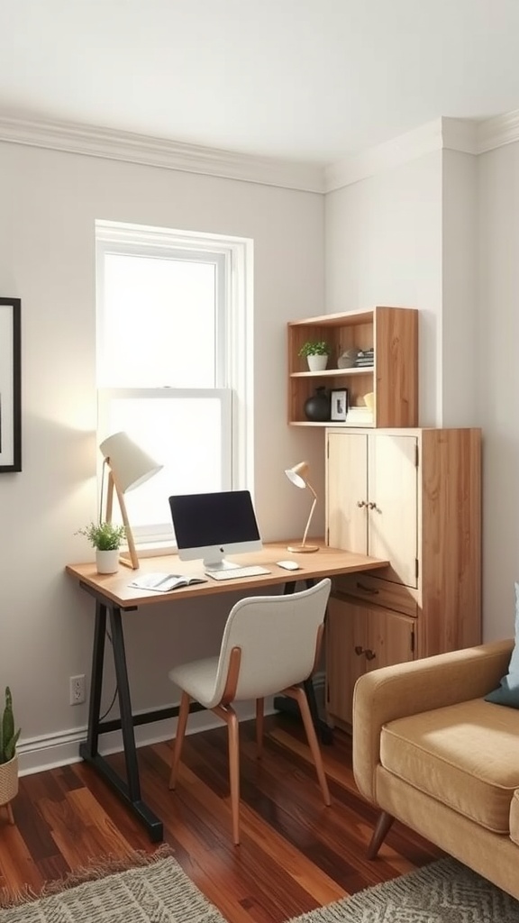 A small home office with a hidden fold-down desk, stylish chair, and shelves.