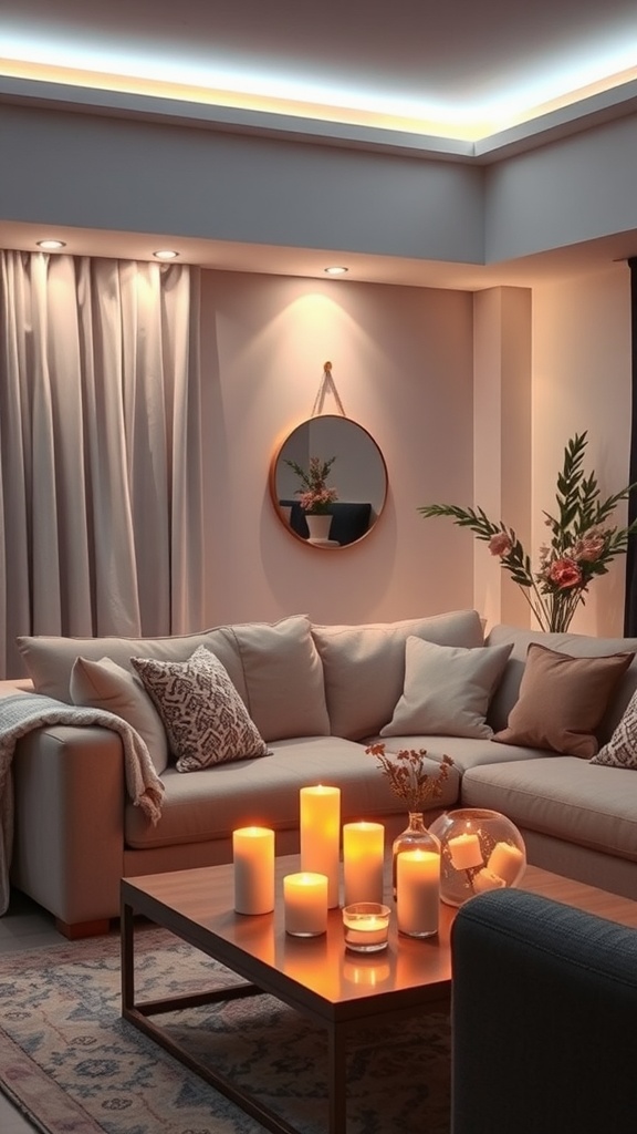 Cozy living room with hidden light sources, candles, and plants