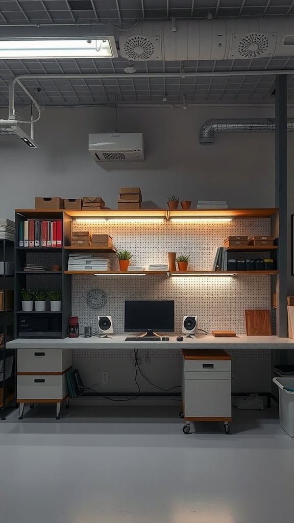 A modern office setup featuring hidden task lighting under shelves, creating a warm and inviting workspace.