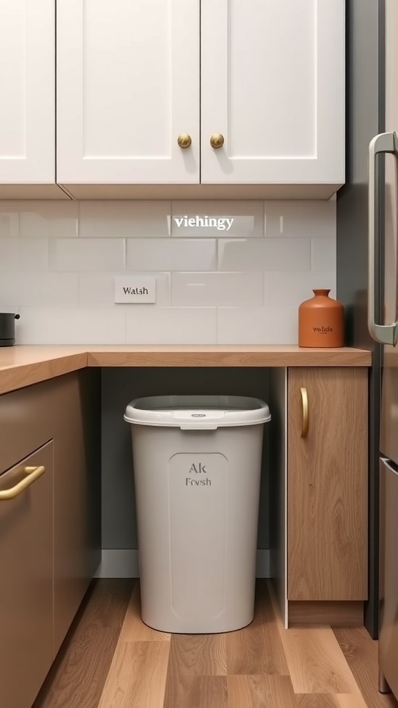 A hidden trash bin placed in a small kitchen corner, integrating with cabinetry for a tidy look.