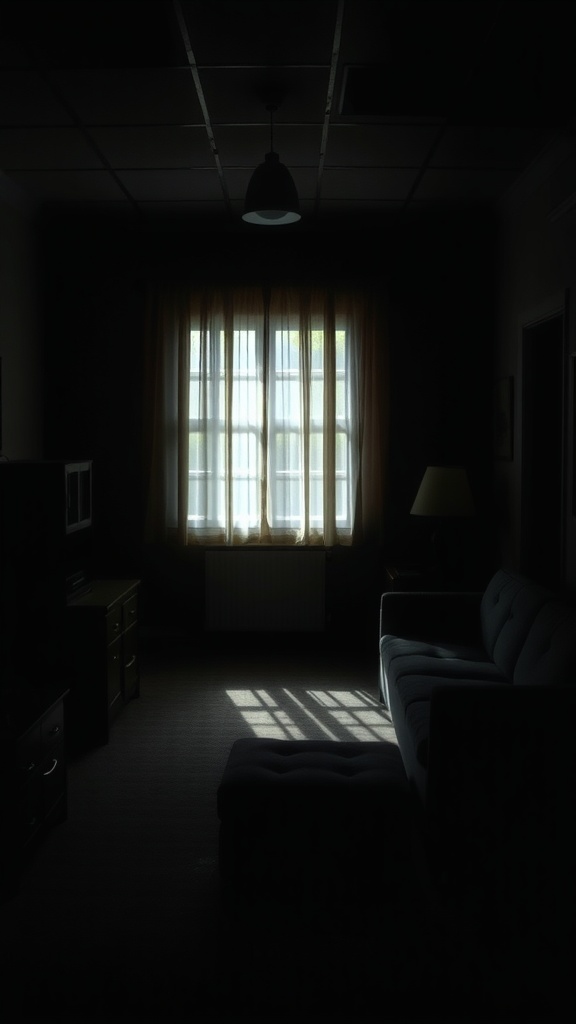 A dimly lit room with shadows, showcasing a couch and window with light streaming in.
