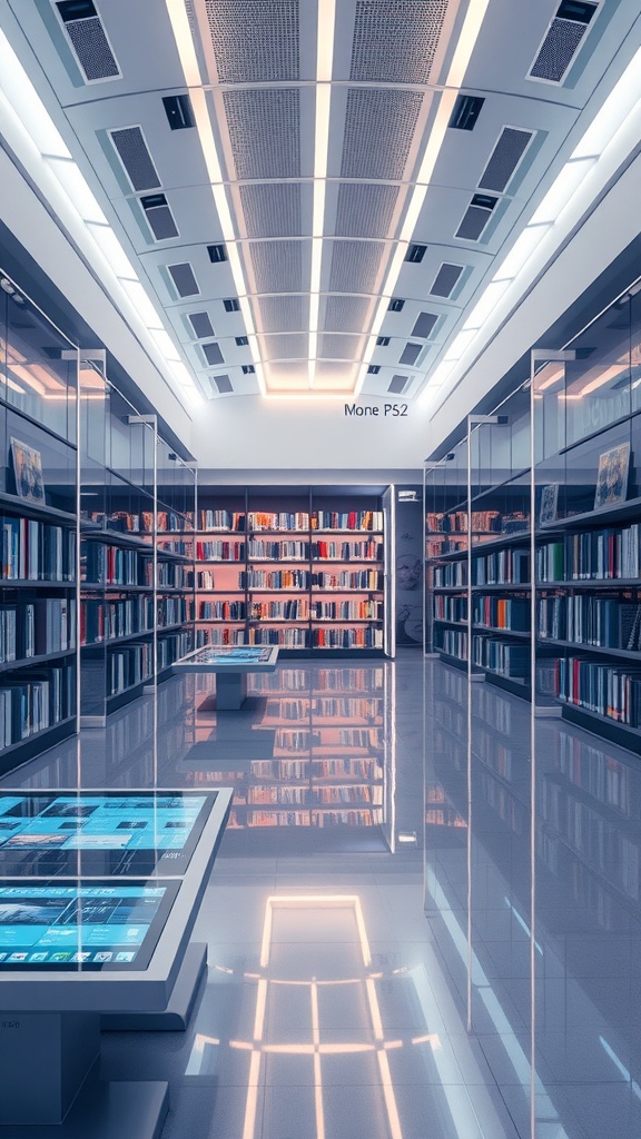 A modern high-tech library interior with bookshelves, interactive screens, and bright lighting.