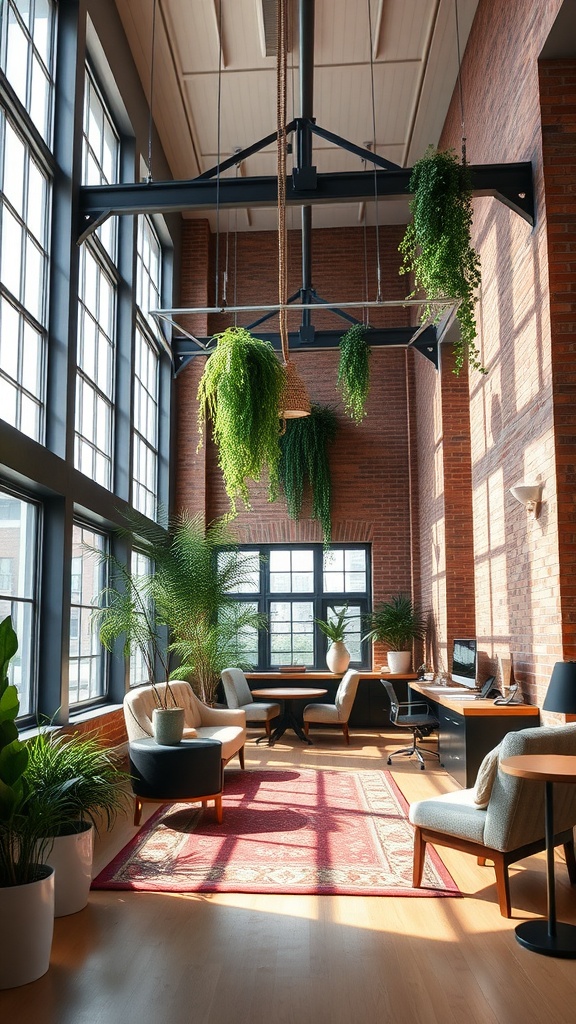 A bright and airy loft office with high ceilings, large windows, and plants, featuring a blend of modern and cozy furniture.