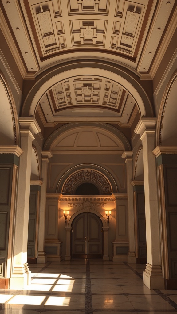 Elegant architectural interior with ornate ceilings and soft lighting