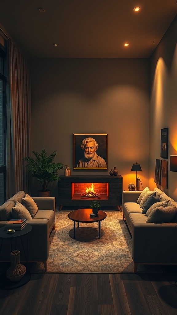 A cozy living room with accent lighting highlighting artwork and a fireplace.