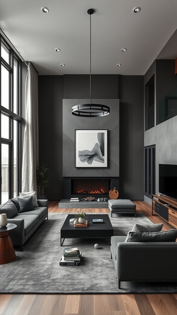 A modern living room with dark walls, large windows, a contemporary fireplace, and stylish furniture.