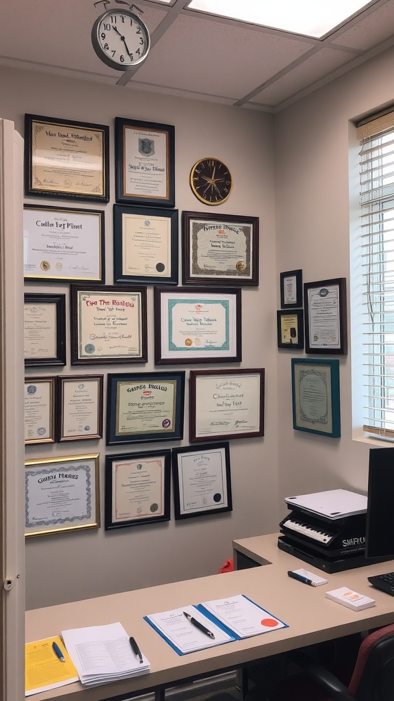 An office interior showcasing framed certificates on the wall, a clock, and a neat desk setup.