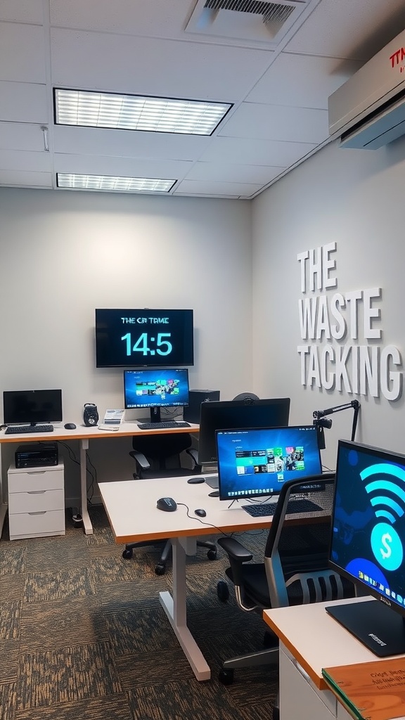 Interior view of a small office with multiple computer stations, a digital clock, and a modern design.