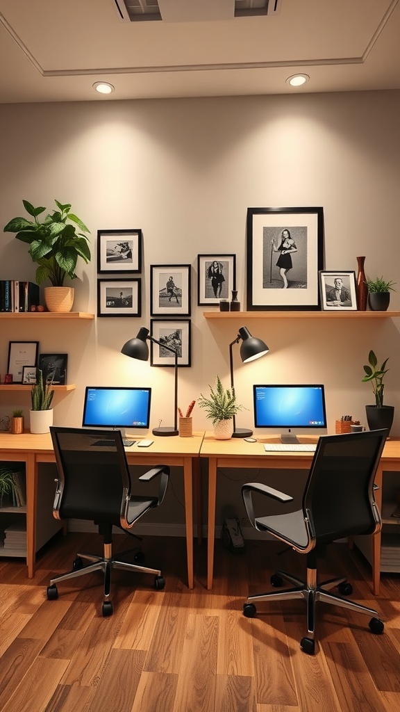 A stylish dual workspace with two desks, modern monitors, plants, and personal decor.