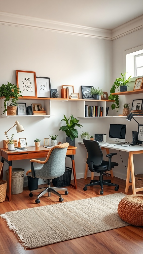 A stylish home office for two featuring separate workstations with plants, art, and comfortable seating.