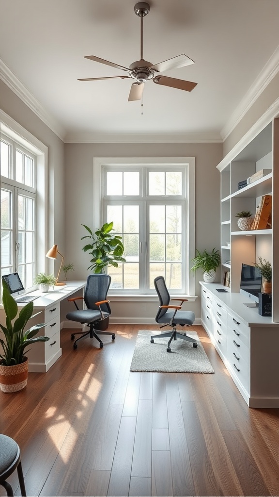 A bright home office featuring two ergonomic chairs, built-in desks, and plants by the windows.