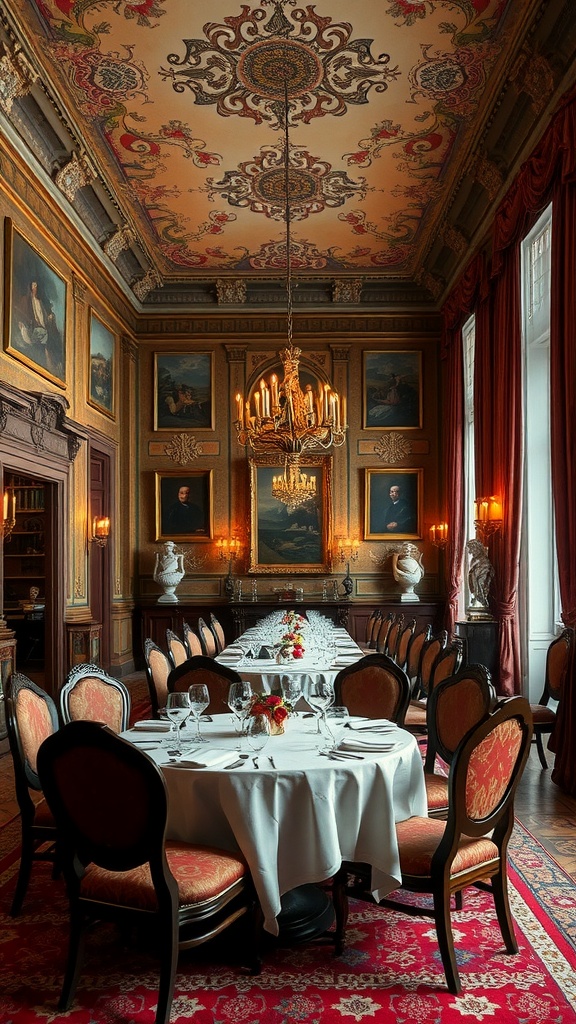 A luxurious dining room in Milan featuring elegant decor, a chandelier, and a large dining table.