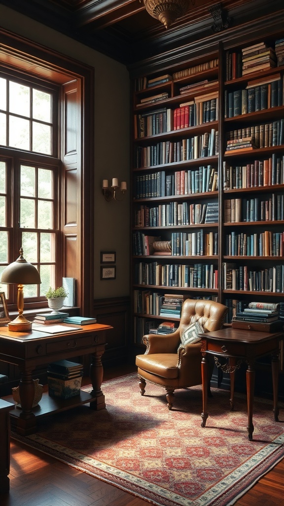 A cozy home library featuring dark wooden shelves filled with books, a leather chair, and a wooden desk by a large window.