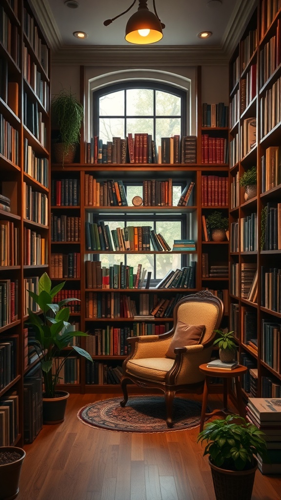 Cozy home library with wooden shelves filled with books, an armchair, and plants.