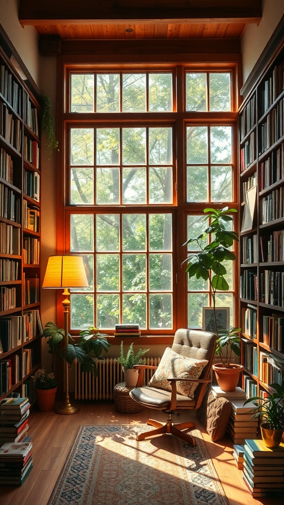 Cozy home library with large windows, bookshelves, plants, and a comfortable chair.