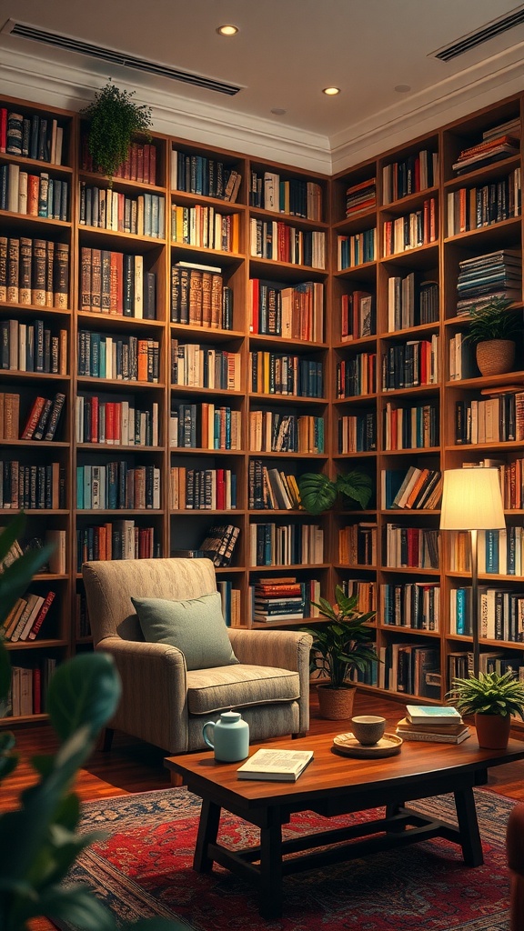 Cozy home library with bookshelves, comfortable chair, coffee table, and plants