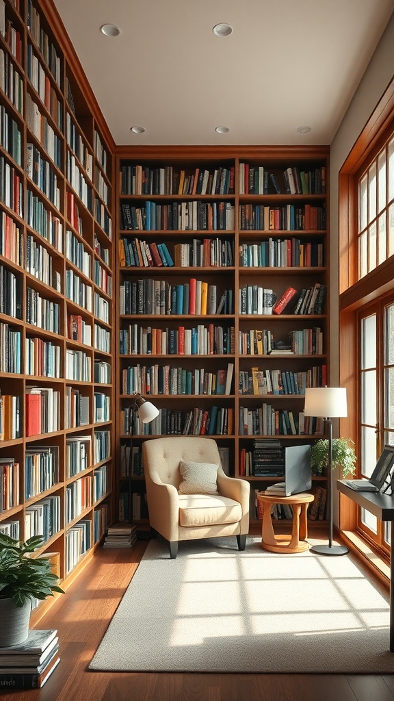 A cozy home library with tall wooden shelves filled with books, a comfortable armchair, and a side table.