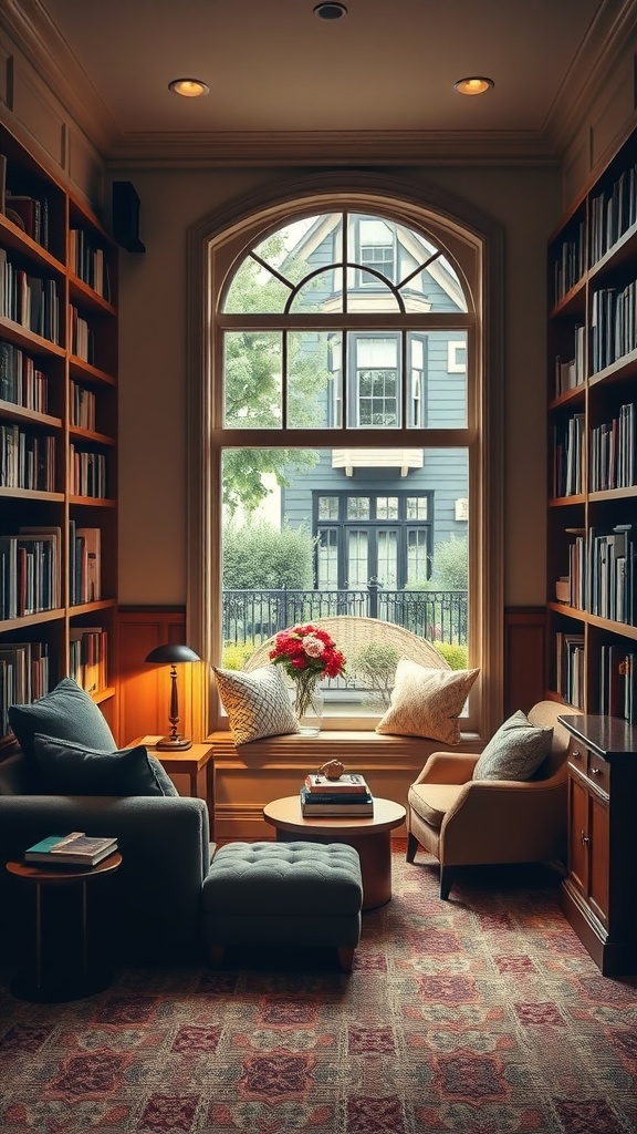 A cozy home library corner with bookshelves, comfortable seating, and a large window.