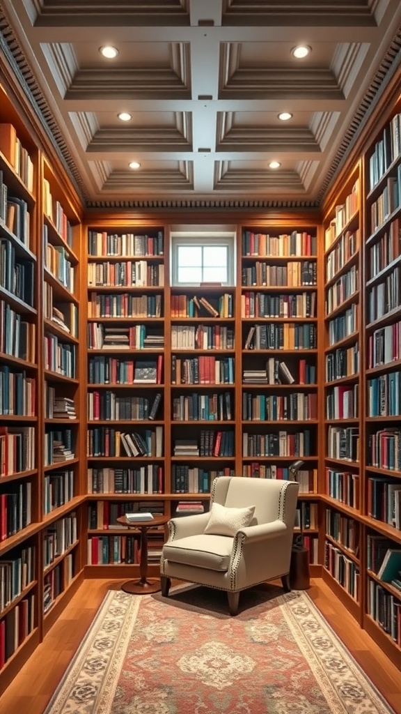 A cozy home library with floor to ceiling bookshelves, a comfortable chair, and a side table.