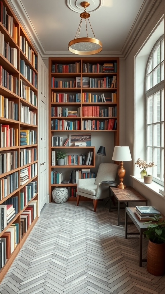 Cozy home library with herringbone tile floor and pendant lighting