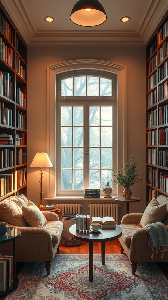 Cozy home library with bookshelves, chairs, and a window