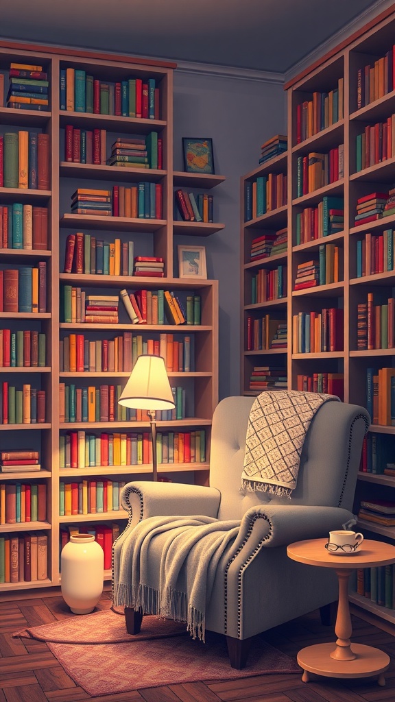 Cozy home library with colorful bookshelves, an inviting armchair, and warm lighting.