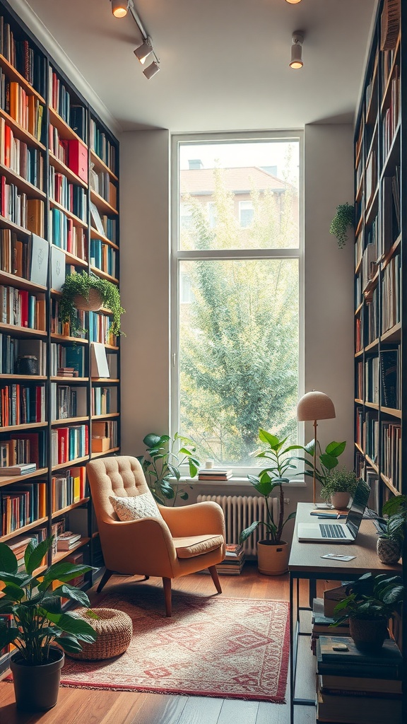 A cozy home library with bookshelves, a comfortable chair, plants, and a desk by a large window.