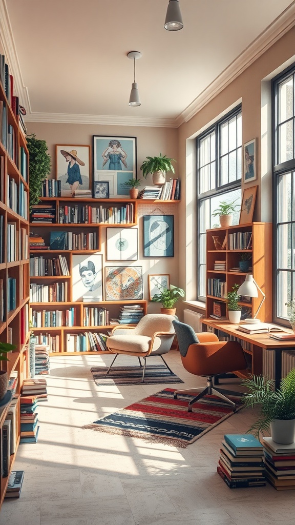 A cozy home library with wooden shelves filled with books, modern furniture, and artwork on the walls